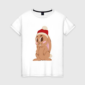 Женская футболка хлопок с принтом Новогодний зайчик 2022 в Кировске, 100% хлопок | прямой крой, круглый вырез горловины, длина до линии бедер, слегка спущенное плечо | Тематика изображения на принте: 2022 | заяц | кролик | новый год