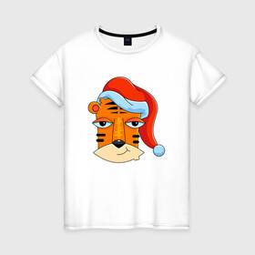 Женская футболка хлопок с принтом Забавный тигр 2022 в Кировске, 100% хлопок | прямой крой, круглый вырез горловины, длина до линии бедер, слегка спущенное плечо | 2022 | год тигра | новый год | новый год 2022 | символ года | тигр | тигренок | тигрица | тигры