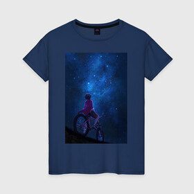 Женская футболка хлопок с принтом Взгляд на небо в Кировске, 100% хлопок | прямой крой, круглый вырез горловины, длина до линии бедер, слегка спущенное плечо | в топе | в тренде | велосипед | звезды | космос | небо | романтика | синий