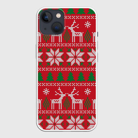 Чехол для iPhone 13 с принтом вязаный принт с оленями в Кировске,  |  | christmas | deer | knitted | new year | print | red | snow | trees | white | wintry | белый | вязаный | елки | зимний | красный | новый год | олени | олень | принт | рождество | снег | снежинка