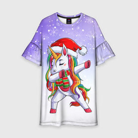 Детское платье 3D с принтом Xmas Unicorn Dabbing   Рождественский Единорог Даб в Кировске, 100% полиэстер | прямой силуэт, чуть расширенный к низу. Круглая горловина, на рукавах — воланы | Тематика изображения на принте: christmas | dabbing | santa | unicorn | даббинг | дед мороз | единорог | зима | новый год | радуга | радужный | рождество | санта | снег | снежинка | юникорн