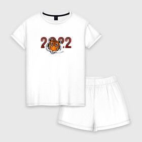 Женская пижама с шортиками хлопок с принтом Морда тигра 2022 в Кировске, 100% хлопок | футболка прямого кроя, шорты свободные с широкой мягкой резинкой | 2022 | год тигра | новый год | новый год 2022 | символ года | тигр | тигренок | тигрица | тигры