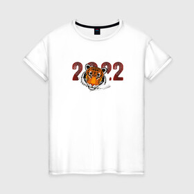 Женская футболка хлопок с принтом Морда тигра 2022 в Кировске, 100% хлопок | прямой крой, круглый вырез горловины, длина до линии бедер, слегка спущенное плечо | 2022 | год тигра | новый год | новый год 2022 | символ года | тигр | тигренок | тигрица | тигры