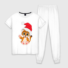 Женская пижама хлопок с принтом Новый год (тигренок) в Кировске, 100% хлопок | брюки и футболка прямого кроя, без карманов, на брюках мягкая резинка на поясе и по низу штанин | 2022 | год тигра | новогодний тигр | новый год | рождество | символ 2022 года | снежинки | тигр