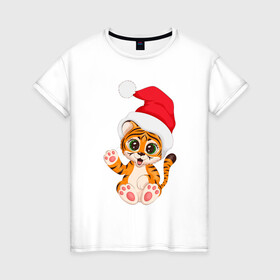 Женская футболка хлопок с принтом Новый год (тигренок) в Кировске, 100% хлопок | прямой крой, круглый вырез горловины, длина до линии бедер, слегка спущенное плечо | 2022 | год тигра | новогодний тигр | новый год | рождество | символ 2022 года | снежинки | тигр