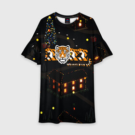 Детское платье 3D с принтом Ночной новогодний город 2022 год тигра в Кировске, 100% полиэстер | прямой силуэт, чуть расширенный к низу. Круглая горловина, на рукавах — воланы | Тематика изображения на принте: 2022 | год тигра | новый год | новый год 2022 | символ года | тигр | тигренок | тигрица | тигры