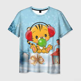 Мужская футболка 3D с принтом Тигренок жует жвачку в Кировске, 100% полиэфир | прямой крой, круглый вырез горловины, длина до линии бедер | 2022 | год тигра | новый год | новый год 2022 | символ года | тигр | тигренок | тигрица | тигры
