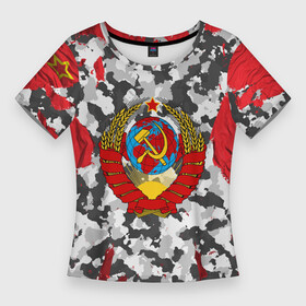 Женская футболка 3D Slim с принтом USSR (camouflage) в Кировске,  |  | camouflage | coat of arms | khaki | patriot | red machine | russia | russian | tourist | ussr | герб | камуфляж | красная машина | патриот | россия | русский | ссср | турист | хаки