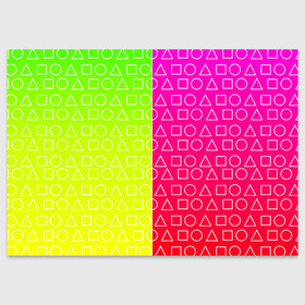 Поздравительная открытка с принтом Игра в кальмара (розовый+желтый) в Кировске, 100% бумага | плотность бумаги 280 г/м2, матовая, на обратной стороне линовка и место для марки
 | frankenstein dress | гра в кальмара | желтый | зеленый | игра | кальмар | квадрат | квадратик | красный | круг | кружок | половинчатый | розовый | треугольник | треугольничек