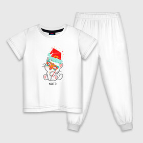 Детская пижама хлопок с принтом Новогодний котэ в Кировске, 100% хлопок |  брюки и футболка прямого кроя, без карманов, на брюках мягкая резинка на поясе и по низу штанин
 | .зима | кот | маска | надпись | новый год | шапка