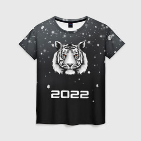 Женская футболка 3D с принтом Новогодний тигр символ 2022. в Кировске, 100% полиэфир ( синтетическое хлопкоподобное полотно) | прямой крой, круглый вырез горловины, длина до линии бедер | 2022 | merry christmas | год тигра | зима близко | нг | новогодний | новогодний тигр | новогодняя символика | новый год | новый год 2022 | рождество | символ 2022 года | снег | снежинки | тигр