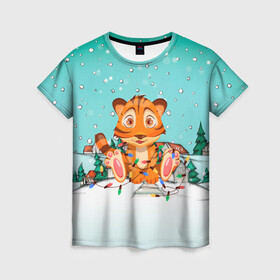 Женская футболка 3D с принтом Тигренок запутался в гирляндах в Кировске, 100% полиэфир ( синтетическое хлопкоподобное полотно) | прямой крой, круглый вырез горловины, длина до линии бедер | 2022 | год тигра | новый год | новый год 2022 | символ года | тигр | тигренок | тигрица | тигры