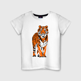Детская футболка хлопок с принтом Тигр в джунглях в Кировске, 100% хлопок | круглый вырез горловины, полуприлегающий силуэт, длина до линии бедер | 2022 | big cat | happy new year | jungle | palms | predator | tiger | year of the tiger | большая кошка | год тигра | джунгли | пальмы | с новым годом | тигр | хищник