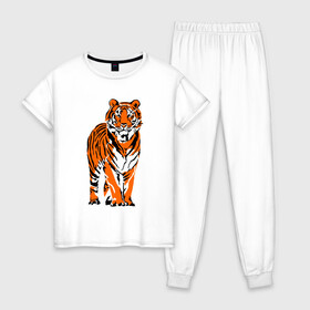Женская пижама хлопок с принтом Тигр в джунглях в Кировске, 100% хлопок | брюки и футболка прямого кроя, без карманов, на брюках мягкая резинка на поясе и по низу штанин | 2022 | big cat | happy new year | jungle | palms | predator | tiger | year of the tiger | большая кошка | год тигра | джунгли | пальмы | с новым годом | тигр | хищник