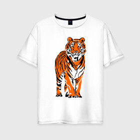 Женская футболка хлопок Oversize с принтом Тигр в джунглях в Кировске, 100% хлопок | свободный крой, круглый ворот, спущенный рукав, длина до линии бедер
 | 2022 | big cat | happy new year | jungle | palms | predator | tiger | year of the tiger | большая кошка | год тигра | джунгли | пальмы | с новым годом | тигр | хищник