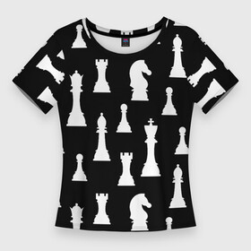 Женская футболка 3D Slim с принтом Белые шахматные фигуры в Кировске,  |  | checkmate | chess | chess board | chess game | chess pieces | chess player | chessboard | gambit | game | king | pawn | queen | гамбит | игра | король | мат | партия | ферзь | фигуры | шахматист | шахматы