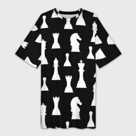 Платье-футболка 3D с принтом Белые шахматные фигуры в Кировске,  |  | checkmate | chess | chess board | chess game | chess pieces | chess player | chessboard | gambit | game | king | pawn | queen | гамбит | игра | король | мат | партия | ферзь | фигуры | шахматист | шахматы