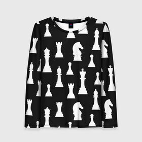 Женский лонгслив 3D с принтом Белые шахматные фигуры в Кировске, 100% полиэстер | длинные рукава, круглый вырез горловины, полуприлегающий силуэт | Тематика изображения на принте: checkmate | chess | chess board | chess game | chess pieces | chess player | chessboard | gambit | game | king | pawn | queen | гамбит | игра | король | мат | партия | ферзь | фигуры | шахматист | шахматы