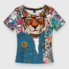 Женская футболка 3D Slim с принтом Стикербомбинг с тигром в Кировске,  |  | кошка | символ | стикер | тигр | хищник