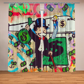 Фотошторы с принтом Alec Monopoly ART в Кировске, Блэкаут (светозащита 90%) / Габардин (светозащита 40% | 2 полотна шириной по 145 см; Высота 200-300 см; Крепление: шторная лента (на крючки); | алек монополи арт | баксы | бернарде мейдоффе | граффити | доллары | личный самолет | мужчина с усами | уличное искусство | художник алек