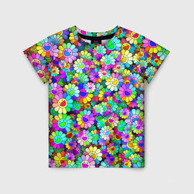 Детская футболка 3D с принтом Rainbow flowers в Кировске, 100% гипоаллергенный полиэфир | прямой крой, круглый вырез горловины, длина до линии бедер, чуть спущенное плечо, ткань немного тянется | takashi murakami | паттерн | радуга | смайл | такаси мураками | улыбка | цветы