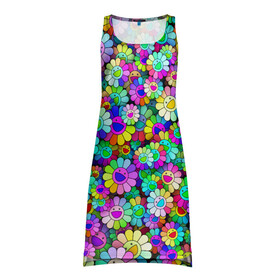Платье-майка 3D с принтом Rainbow flowers в Кировске, 100% полиэстер | полуприлегающий силуэт, широкие бретели, круглый вырез горловины, удлиненный подол сзади. | takashi murakami | паттерн | радуга | смайл | такаси мураками | улыбка | цветы