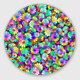 Круглый коврик для мышки с принтом Rainbow flowers в Кировске, резина и полиэстер | круглая форма, изображение наносится на всю лицевую часть | Тематика изображения на принте: takashi murakami | паттерн | радуга | смайл | такаси мураками | улыбка | цветы