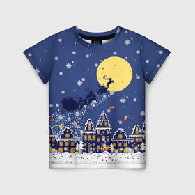 Детская футболка 3D с принтом Санта Клаус на оленях в небе в Кировске, 100% гипоаллергенный полиэфир | прямой крой, круглый вырез горловины, длина до линии бедер, чуть спущенное плечо, ткань немного тянется | big moon | christmas | city | fly | houses | in the night sky | light in the windows | new year | reindeer | santa claus | большая луна | в ночном небе | город | дома | летят | новый год | олени | рождество | санта клаус