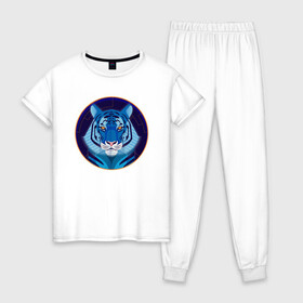 Женская пижама хлопок с принтом Голубой водяной тигр символ 2022 года в Кировске, 100% хлопок | брюки и футболка прямого кроя, без карманов, на брюках мягкая резинка на поясе и по низу штанин | 2022 | водяной | год | гороскоп | китайский | символ | талисман | тигр
