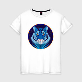Женская футболка хлопок с принтом Голубой водяной тигр символ 2022 года в Кировске, 100% хлопок | прямой крой, круглый вырез горловины, длина до линии бедер, слегка спущенное плечо | 2022 | водяной | год | гороскоп | китайский | символ | талисман | тигр