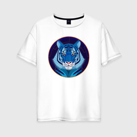 Женская футболка хлопок Oversize с принтом Голубой водяной тигр символ 2022 года в Кировске, 100% хлопок | свободный крой, круглый ворот, спущенный рукав, длина до линии бедер
 | Тематика изображения на принте: 2022 | водяной | год | гороскоп | китайский | символ | талисман | тигр