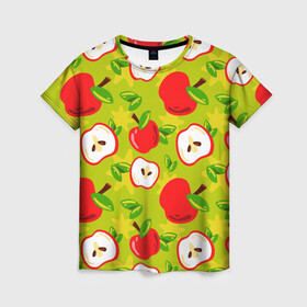 Женская футболка 3D с принтом Яблочки паттерн в Кировске, 100% полиэфир ( синтетическое хлопкоподобное полотно) | прямой крой, круглый вырез горловины, длина до линии бедер | apple | яблоки | яблоко | яблоня | яблочки