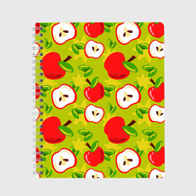 Тетрадь с принтом Яблочки паттерн в Кировске, 100% бумага | 48 листов, плотность листов — 60 г/м2, плотность картонной обложки — 250 г/м2. Листы скреплены сбоку удобной пружинной спиралью. Уголки страниц и обложки скругленные. Цвет линий — светло-серый
 | Тематика изображения на принте: apple | яблоки | яблоко | яблоня | яблочки