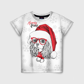 Детская футболка 3D с принтом Happy Christmas кокер спаниель в Кировске, 100% гипоаллергенный полиэфир | прямой крой, круглый вырез горловины, длина до линии бедер, чуть спущенное плечо, ткань немного тянется | american | cap | christmas | cocker spaniel | happy christmas | knitted scarf | new year | purebred dog | red | santa claus | snowflakes | американский | вязаный шарф | кокер спаниель | колпак | красные | новый год | очки | породистая собака | р