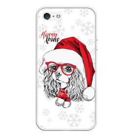 Чехол для iPhone 5/5S матовый с принтом Happy Christmas кокер спаниель в Кировске, Силикон | Область печати: задняя сторона чехла, без боковых панелей | american | cap | christmas | cocker spaniel | happy christmas | knitted scarf | new year | purebred dog | red | santa claus | snowflakes | американский | вязаный шарф | кокер спаниель | колпак | красные | новый год | очки | породистая собака | р