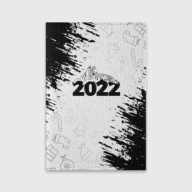 Обложка для паспорта матовая кожа с принтом Тигр отдыхает на цифре 2022. в Кировске, натуральная матовая кожа | размер 19,3 х 13,7 см; прозрачные пластиковые крепления | Тематика изображения на принте: 2022 | happy new year | merry christmas | год тигра | зима близко | нг | новогодний | новогодний тигр | новогодняя символика | новый год | новый год 2022 | рождество | символ 2022 года | снег | снежинки | тигр