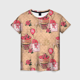 Женская футболка 3D с принтом Праздничное настроение - сюрприз в Кировске, 100% полиэфир ( синтетическое хлопкоподобное полотно) | прямой крой, круглый вырез горловины, длина до линии бедер | день рождения | коробки | новый год | подарки | праздник | сюрприз | шампанское