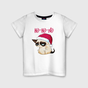 Детская футболка хлопок с принтом Ugly cat Ho Ho No в Кировске, 100% хлопок | круглый вырез горловины, полуприлегающий силуэт, длина до линии бедер | 2022 | 2022 год | grumpy cat | happy new year | santa | год тигра | дед мороз | каникулы | мороз | новогодний свитер | новый год | новый год 2022 | новый год тигра | оливье | праздник | рождество | санта клаус
