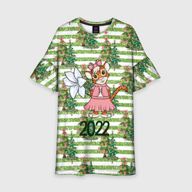 Детское платье 3D с принтом Милая тигрица с цветком в Кировске, 100% полиэстер | прямой силуэт, чуть расширенный к низу. Круглая горловина, на рукавах — воланы | 2022 | год тигра | новый год | новый год 2022 | символ года | тигр | тигренок | тигрица | тигры