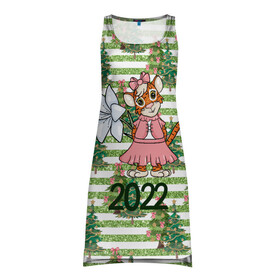 Платье-майка 3D с принтом Милая тигрица с цветком в Кировске, 100% полиэстер | полуприлегающий силуэт, широкие бретели, круглый вырез горловины, удлиненный подол сзади. | Тематика изображения на принте: 2022 | год тигра | новый год | новый год 2022 | символ года | тигр | тигренок | тигрица | тигры