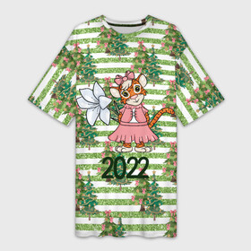 Платье-футболка 3D с принтом Милая тигрица с цветком в Кировске,  |  | Тематика изображения на принте: 2022 | год тигра | новый год | новый год 2022 | символ года | тигр | тигренок | тигрица | тигры