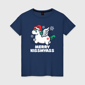 Женская футболка хлопок с принтом Merry Kissmyass | Unicorn в Кировске, 100% хлопок | прямой крой, круглый вырез горловины, длина до линии бедер, слегка спущенное плечо | Тематика изображения на принте: 2022 | 2022 год | happy new year | santa | год тигра | дед мороз | каникулы | мороз | новогодний свитер | новый год | новый год 2022 | новый год тигра | оливье | праздник | рождество | санта клаус | свитер новогодний