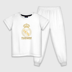 Детская пижама хлопок с принтом Real Madrid gold logo в Кировске, 100% хлопок |  брюки и футболка прямого кроя, без карманов, на брюках мягкая резинка на поясе и по низу штанин
 | gold logo | madrid | rael madrid | real | spain | золотая эмблема | золотой логотип | испания | королевский клуб | ла лига | лига чемпионов | мадрид | реал | реал мадрид | сливочные | футбол | чемпионат испании