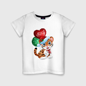Детская футболка хлопок с принтом Тигрин шарик в Кировске, 100% хлопок | круглый вырез горловины, полуприлегающий силуэт, длина до линии бедер | new year | арт | графика | зима | новый год | рождество
