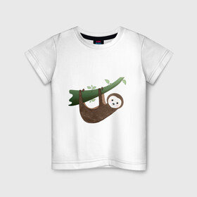 Детская футболка хлопок с принтом Ленивец на ветке в Кировске, 100% хлопок | круглый вырез горловины, полуприлегающий силуэт, длина до линии бедер | Тематика изображения на принте: джунгли | животное | животные | звери | зверь | ленивец | тропики | экзотика
