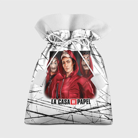 Подарочный 3D мешок с принтом СЕРИАЛ БУМАЖНЫЙ ДОМ LA CASA DE PAPEL BELLA CIAO в Кировске, 100% полиэстер | Размер: 29*39 см | Тематика изображения на принте: bella ciao | la casa de papel | бумажный дом | ла каса де | ла каса де папель | ла каса де пепел | лакаса | сериал | фильм