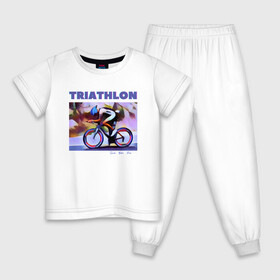 Детская пижама хлопок с принтом Триспорт в Кировске, 100% хлопок |  брюки и футболка прямого кроя, без карманов, на брюках мягкая резинка на поясе и по низу штанин
 | Тематика изображения на принте: bike | run | swim | triathlon | triatlon | бег | велогонщик | велоспорт | выносливость | картина | краска | плавание | триатлон