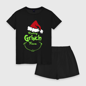 Женская пижама с шортиками хлопок с принтом Resting Grinch Face. в Кировске, 100% хлопок | футболка прямого кроя, шорты свободные с широкой мягкой резинкой | 2022 | grinch | happy new year | merry christmas | год тигра | гринч | зима близко | нг | новогодний | новый год | новый год 2022 | рождество | снег | снежинки