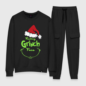 Женский костюм хлопок с принтом Resting Grinch Face. в Кировске, 100% хлопок | на свитшоте круглая горловина, мягкая резинка по низу. Брюки заужены к низу, на них два вида карманов: два 