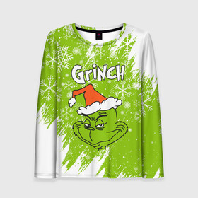 Женский лонгслив 3D с принтом Grinch Green. в Кировске, 100% полиэстер | длинные рукава, круглый вырез горловины, полуприлегающий силуэт | 2022 | grinch | happy new year | merry christmas | год тигра | гринч | зима близко | нг | новогодний | новый год | новый год 2022 | рождество | снег | снежинки